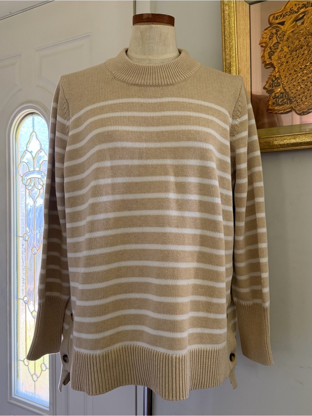 Tuckernuck Bar Harbor Tan stripe crewneck fall sweater 100% Cotton size 2XL